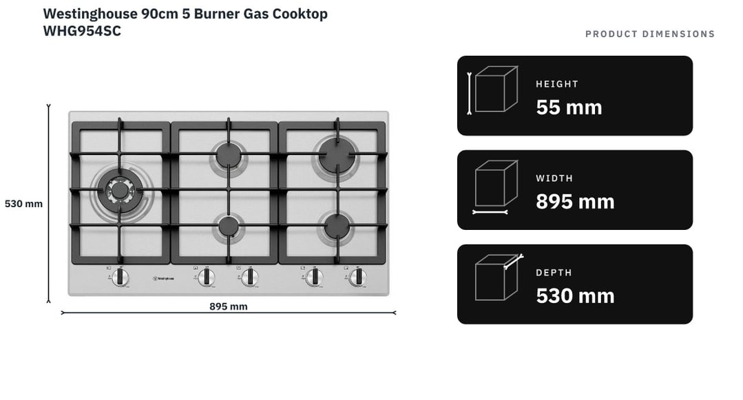 Westinghouse 90cm 5 Burner Gas Cooktop WHG954SC — product dimensions