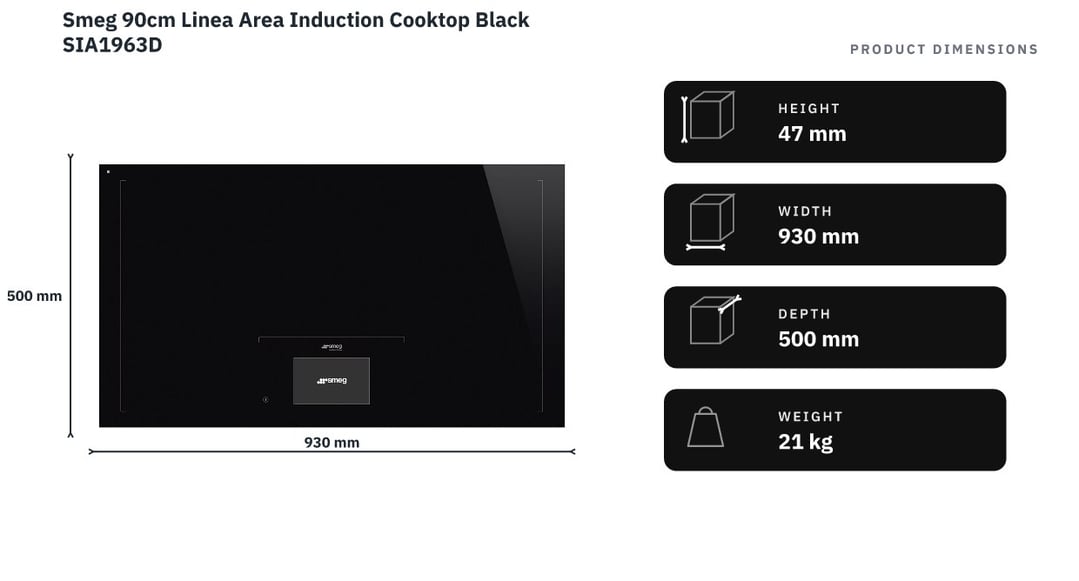 Smeg 90cm Linea Area Induction Cooktop Black SIA1963D — product dimensions