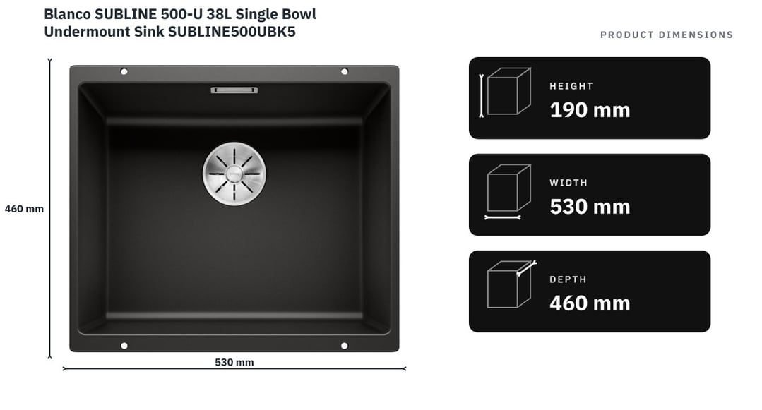 Blanco SUBLINE 500-U 38L Single Bowl Undermount Sink SUBLINE500UBK5 — product dimensions