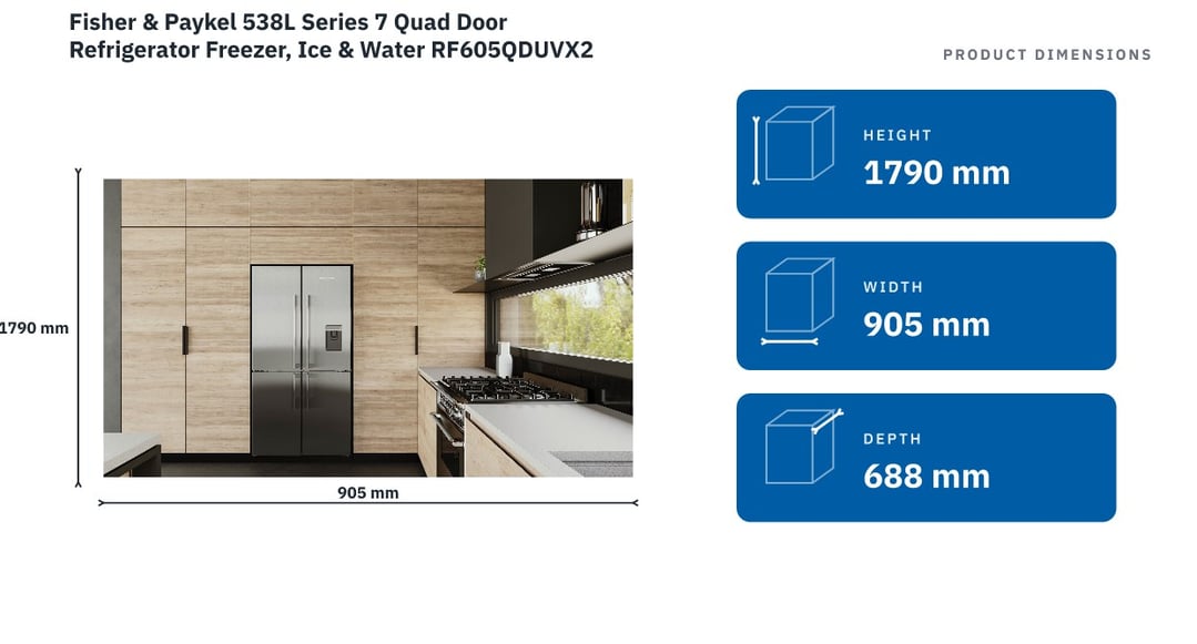 Fisher & Paykel 538L Series 7 Quad Door Refrigerator Freezer, Ice & Water RF605QDUVX2