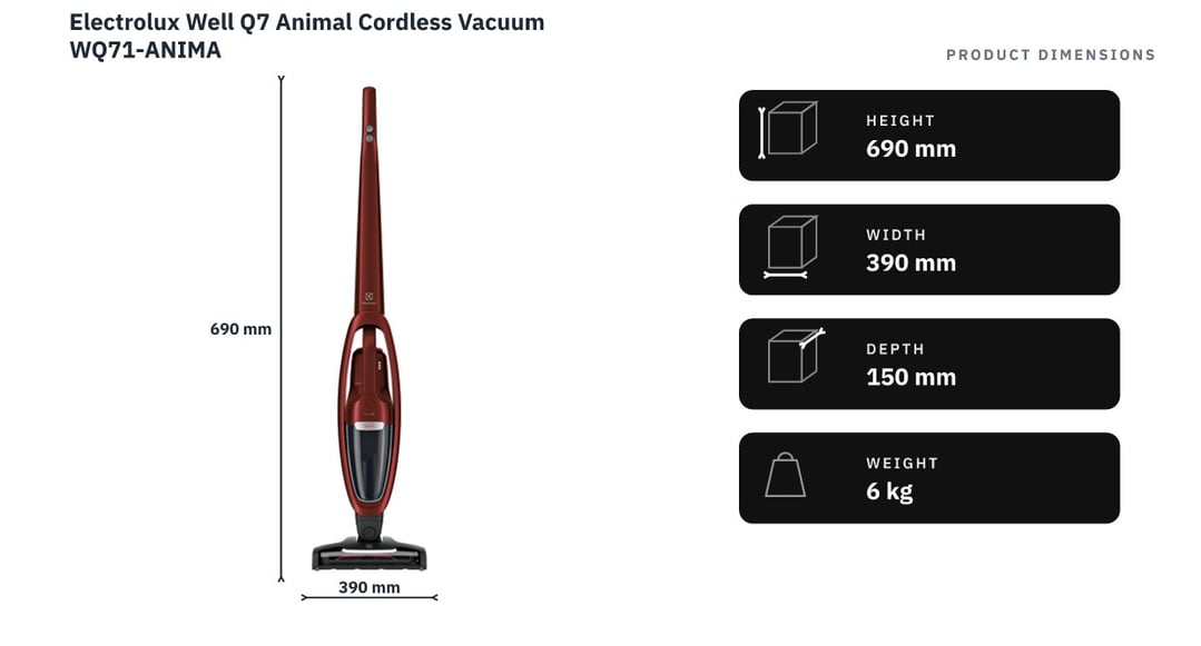 Electrolux Well Q7 Animal Cordless Vacuum WQ71-ANIMA — product dimensions