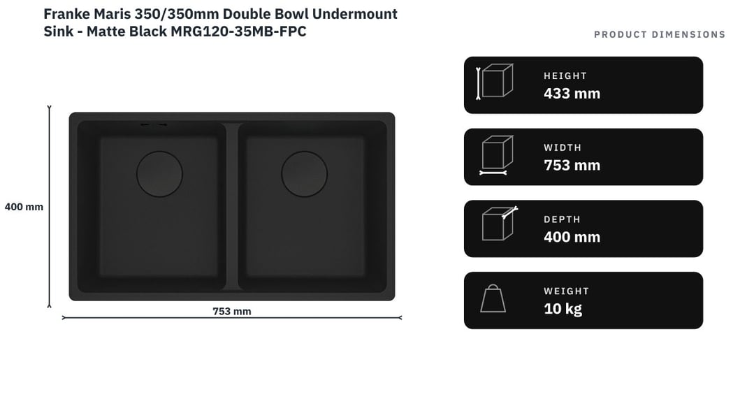 Franke Maris 350/350mm Double Bowl Undermount Sink - Matte Black MRG120-35MB-FPC — product dimensions