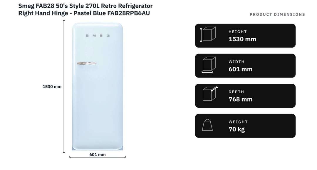 Smeg FAB28 50's Style 270L Retro Refrigerator Right Hand Hinge - Pastel Blue FAB28RPB6AU — product dimensions