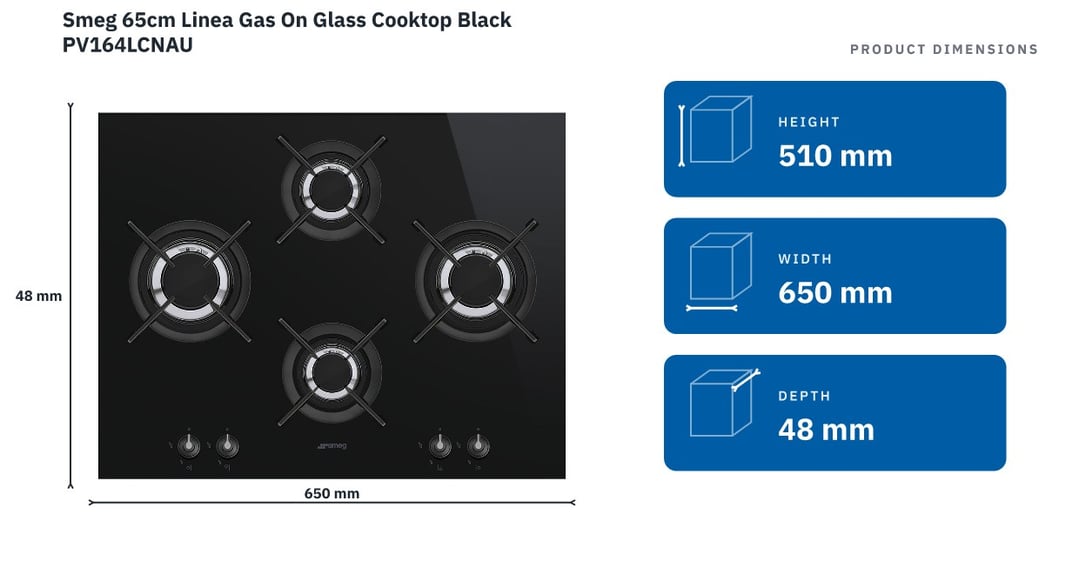 Smeg 65cm Linea Gas On Glass Cooktop Black PV164LCNAU