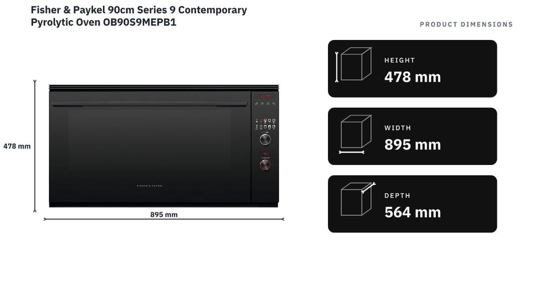 Fisher & Paykel 90cm Series 9 Contemporary Pyrolytic Oven OB90S9MEPB1 — product dimensions