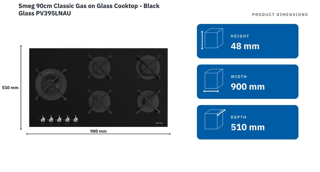 Smeg 90cm Classic Gas on Glass Cooktop - Black Glass PV395LNAU