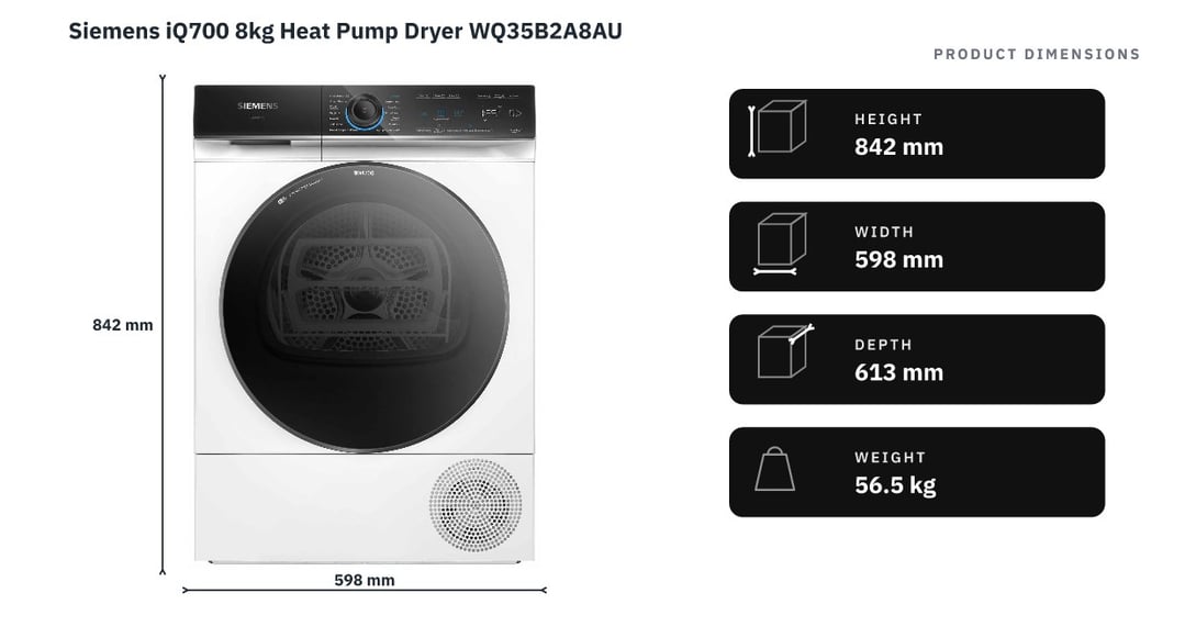 Siemens iQ700 8kg Heat Pump Dryer WQ35B2A8AU — product dimensions