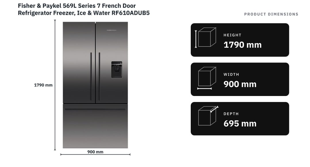 Fisher & Paykel 569L Series 7 French Door Refrigerator Freezer, Ice & Water RF610ADUB5 — product dimensions