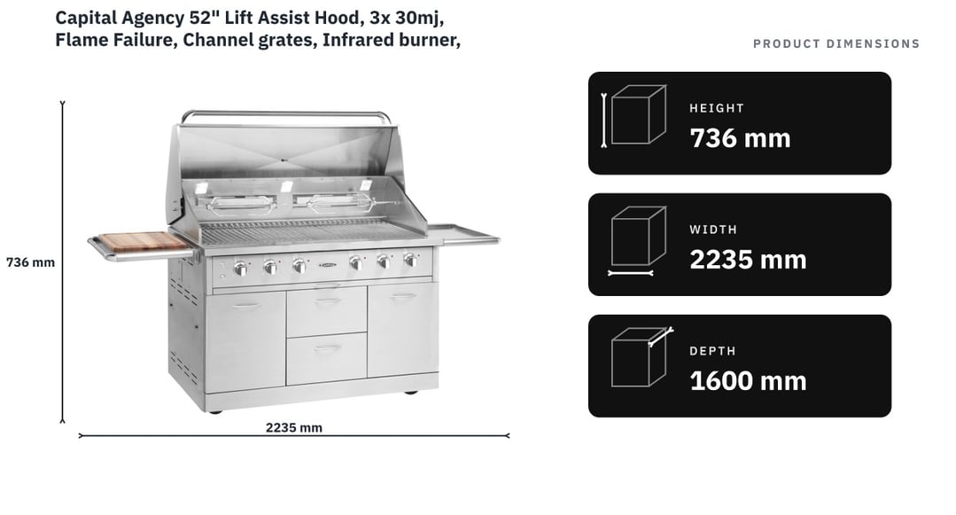 Capital Agency 52" Lift Assist Hood, 3x 30mj, Flame Failure, Channel grates, Infrared burner, rotisserie, Halogen lighting, thermostat CART MODEL LPG Gas ACG52RFS1L — product dimensions