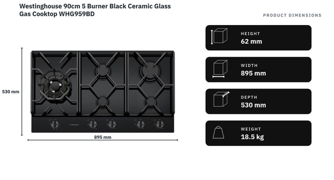 Westinghouse 90cm 5 Burner Black Ceramic Glass Gas Cooktop WHG959BD — product dimensions