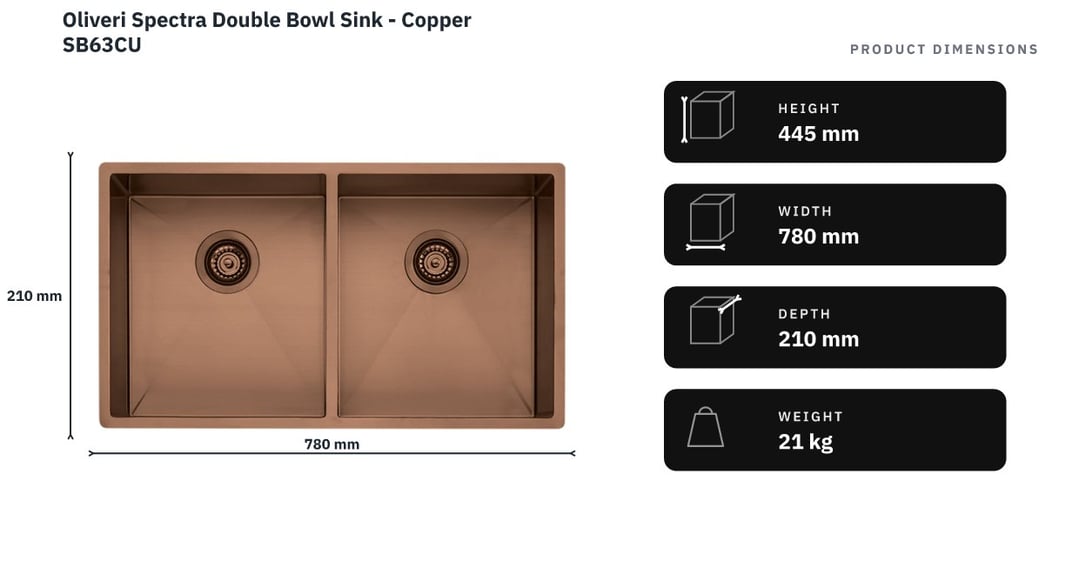 Oliveri Spectra Double Bowl Sink - Copper SB63CU — product dimensions