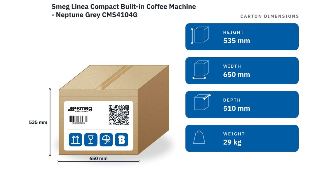 Smeg Linea Compact Built-in Coffee Machine - Neptune Grey CMS4104G — packaged dimensions