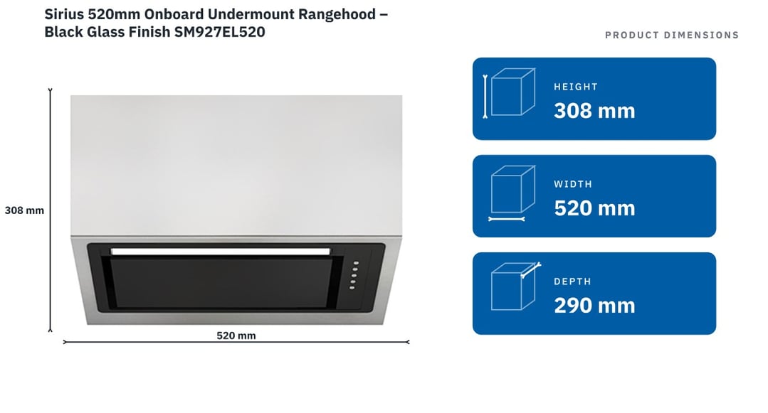 Sirius 520mm Onboard Undermount Rangehood – Black Glass Finish SM927EL520 — product dimensions