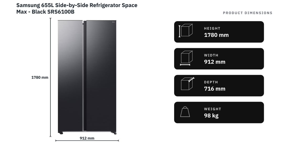 Samsung 655L Side-by-Side Refrigerator Space Max - Black SRS6100B — product dimensions