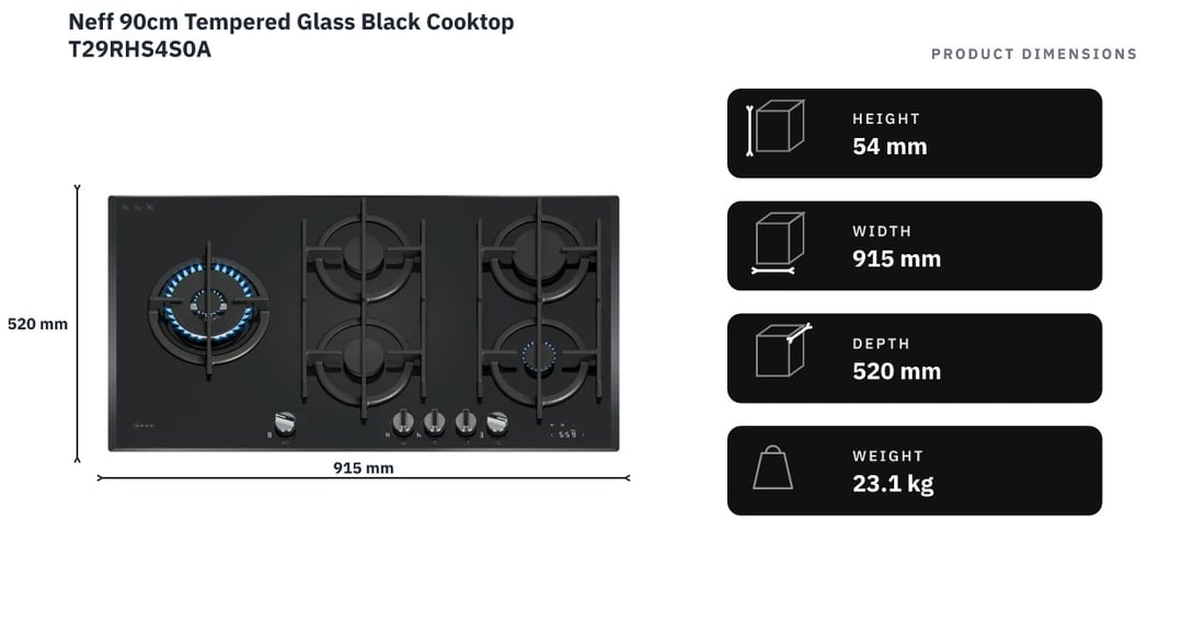 Neff 90cm Tempered Glass Black Cooktop T29RHS4S0A — product dimensions