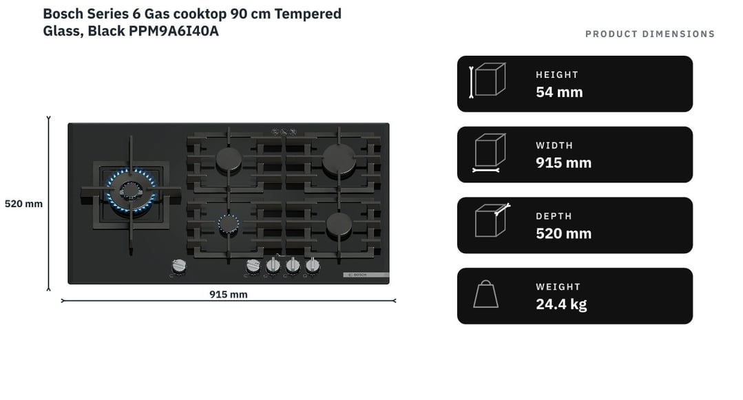 Bosch Series 6 Gas cooktop 90 cm Tempered Glass, Black PPM9A6I40A — product dimensions