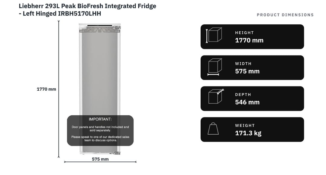 Liebherr 293L Peak BioFresh Integrated Fridge - Left Hinged IRBH5170LHH — product dimensions
