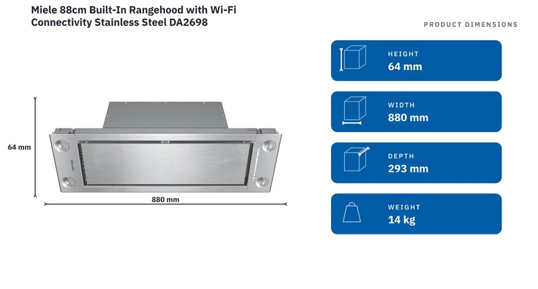 Miele 88cm Built-In Rangehood with Wi-Fi Connectivity Stainless Steel DA2698 — product dimensions