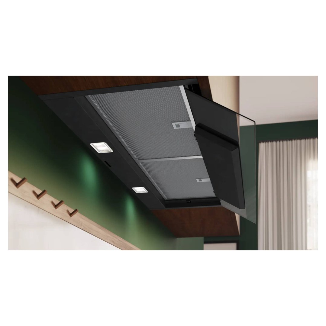 Black integrated design rangehood with clear glass in a modern kitchen