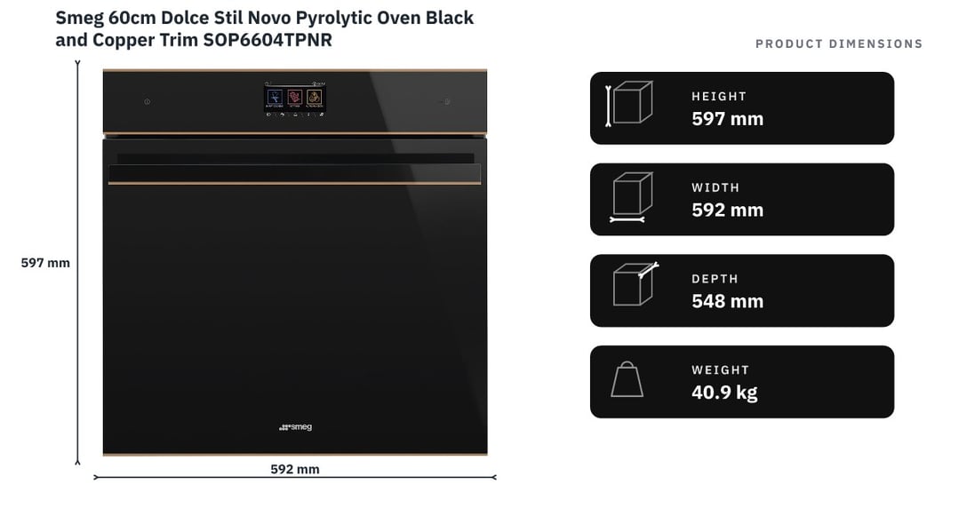 Smeg 60cm Dolce Stil Novo Pyrolytic Oven Black and Copper Trim SOP6604TPNR — product dimensions
