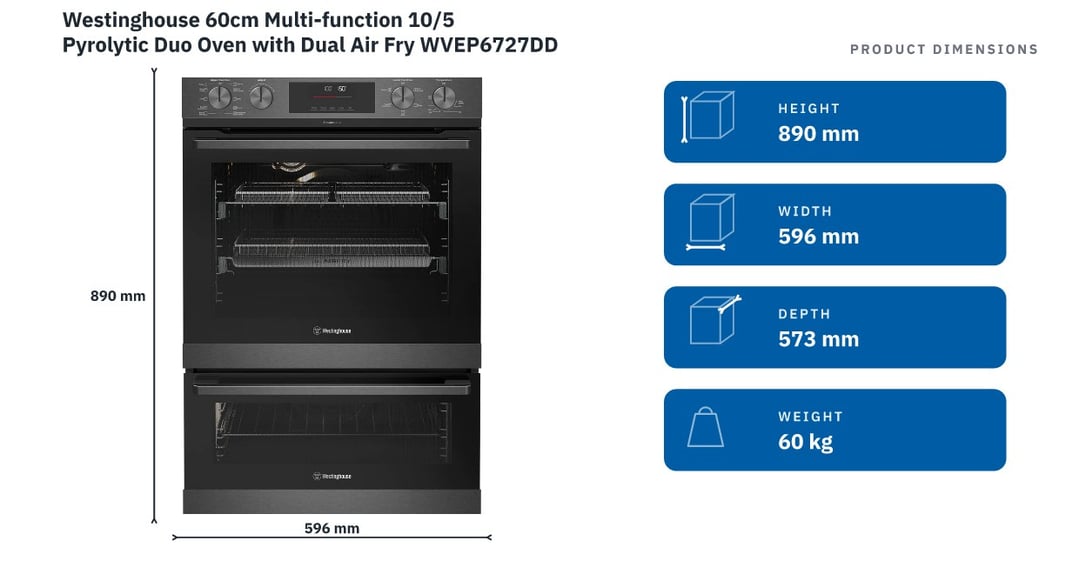 Westinghouse 60cm Multi-function 10/5 Pyrolytic Duo Oven with Dual Air Fry WVEP6727DD
