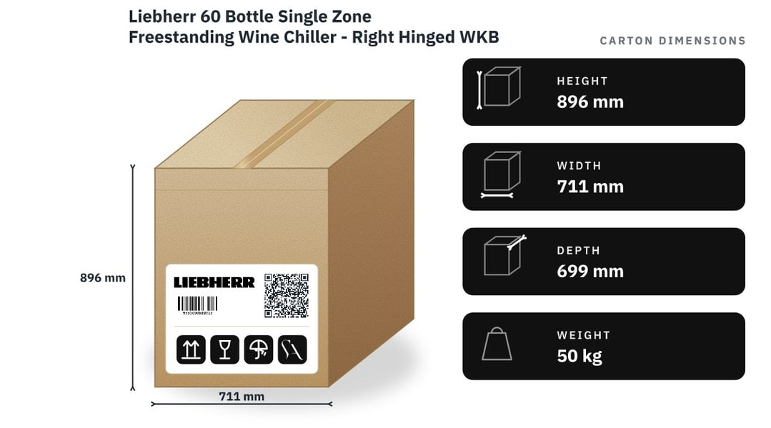 Liebherr 60 Bottle Single Zone Freestanding Wine Chiller - Right Hinged WKB1712RHH — packaged dimensions