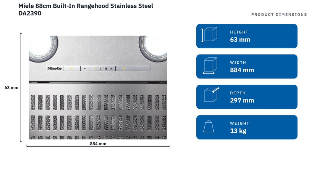 Miele 88cm Built-In Rangehood Stainless Steel DA2390 — product dimensions