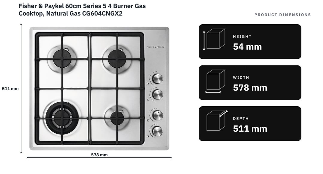 Fisher & Paykel 60cm Series 5 4 Burner Gas Cooktop, Natural Gas CG604CNGX2 — product dimensions