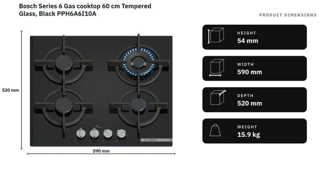 Bosch Series 6 Gas cooktop 60 cm Tempered Glass, Black PPH6A6I10A — product dimensions
