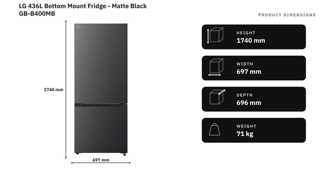 LG 436L Bottom Mount Fridge - Matte Black GB-B400MB — product dimensions