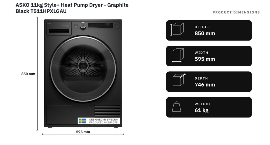ASKO 11kg Style+ Heat Pump Dryer - Graphite Black T511HPXLGAU — product dimensions