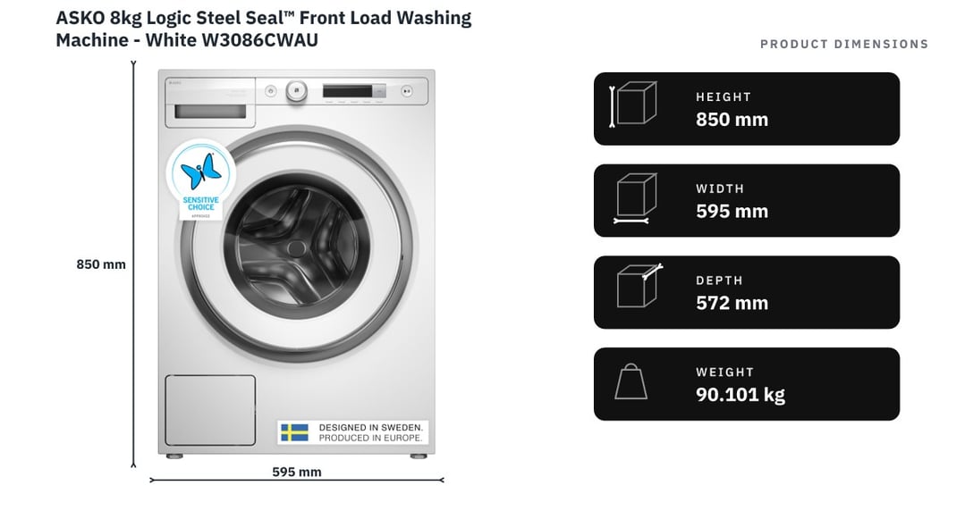 ASKO 8kg Logic Steel Seal™ Front Load Washing Machine - White W3086CWAU — product dimensions