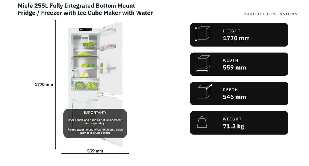 Miele 255L Fully Integrated Bottom Mount Fridge / Freezer with Ice Cube Maker with Water Container KFNS7785D — product dimensions