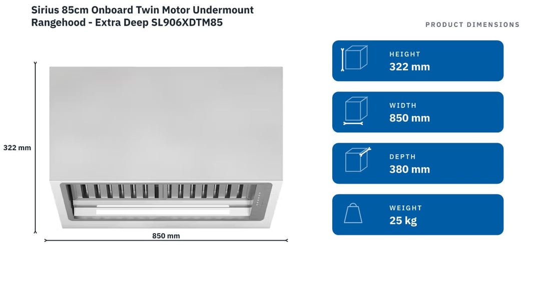 Sirius 85cm Onboard Twin Motor Undermount Rangehood - Extra Deep SL906XDTM85 — product dimensions
