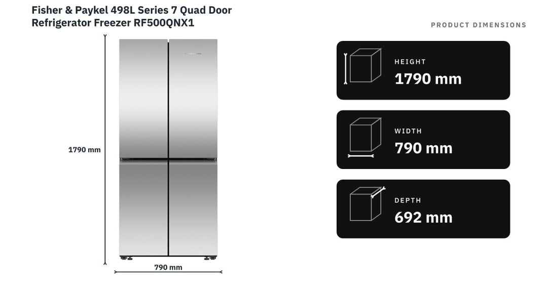 Fisher & Paykel 498L Series 7 Quad Door Refrigerator Freezer RF500QNX1 — product dimensions