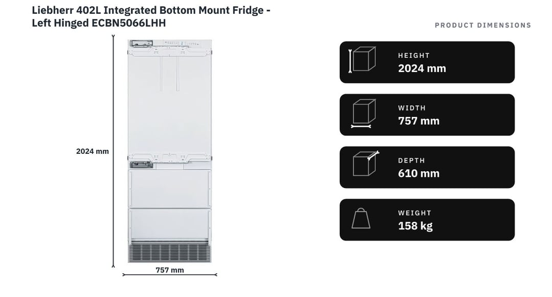 Liebherr 402L Integrated Bottom Mount Fridge - Left Hinged ECBN5066LHH — product dimensions