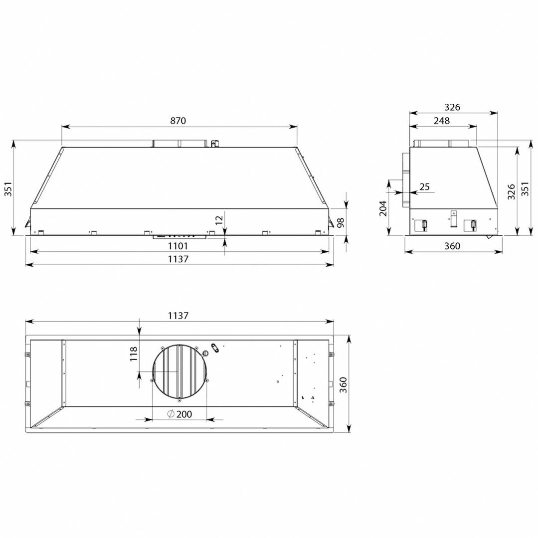 Falmec Milano+ 120cm Deep Cupboard Rangehood with External Wall Motor FP3MLD12S2EW11