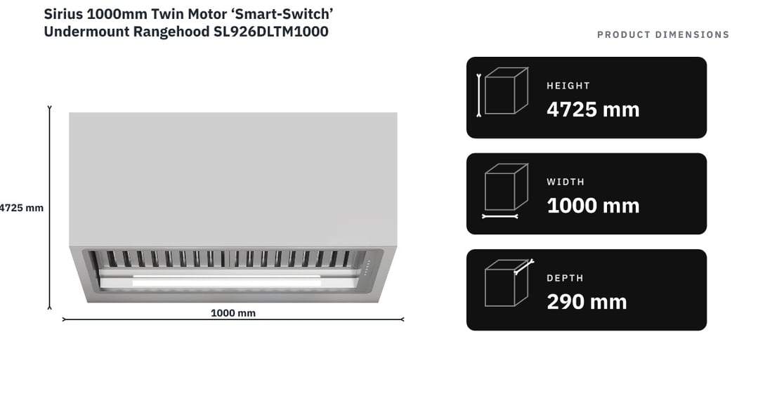 Sirius 1000mm Twin Motor ‘Smart-Switch’ Undermount Rangehood SL926DLTM1000 — product dimensions
