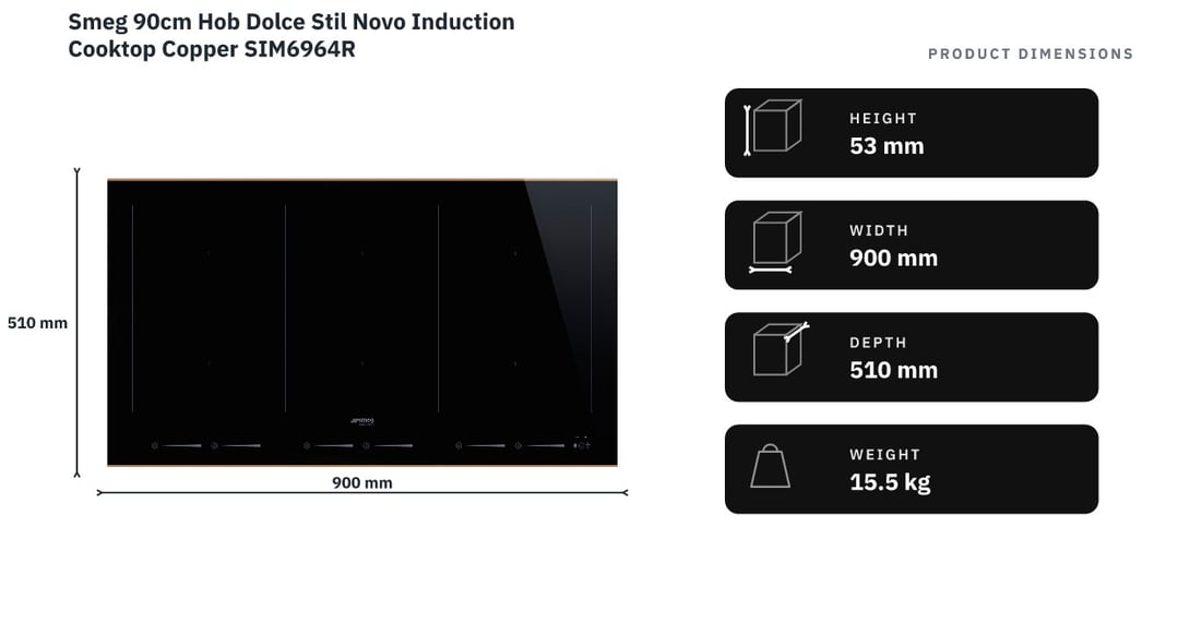 Smeg 90cm Hob Dolce Stil Novo Induction Cooktop Copper SIM6964R — product dimensions