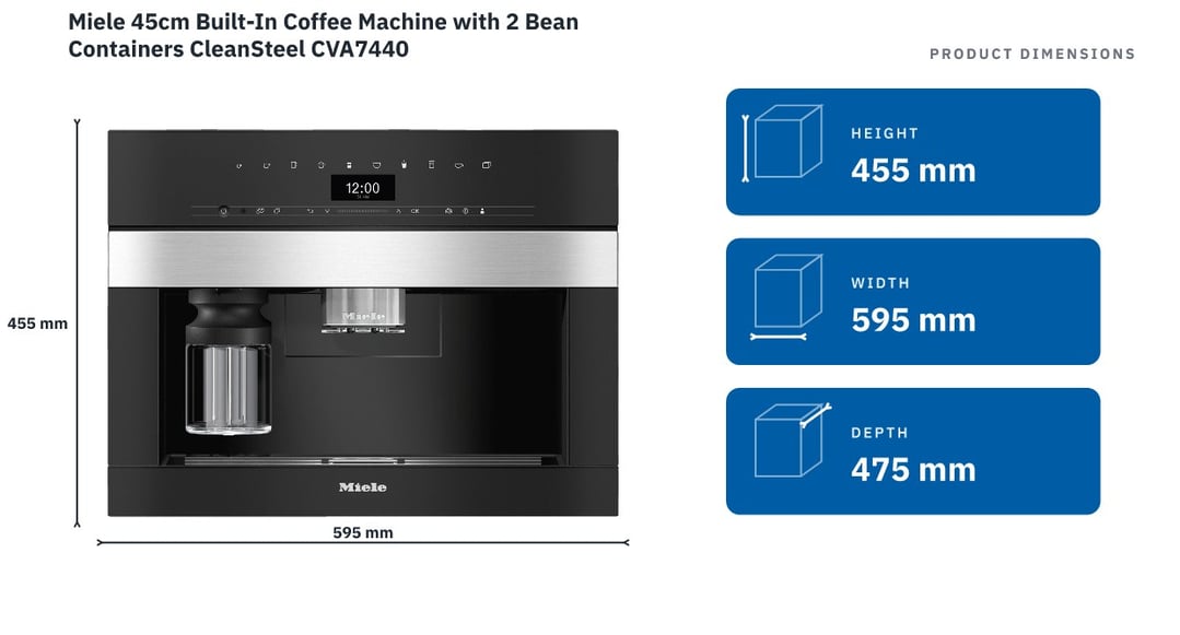 Miele 45cm Built-In Coffee Machine with 2 Bean Containers CleanSteel CVA7440 — product dimensions