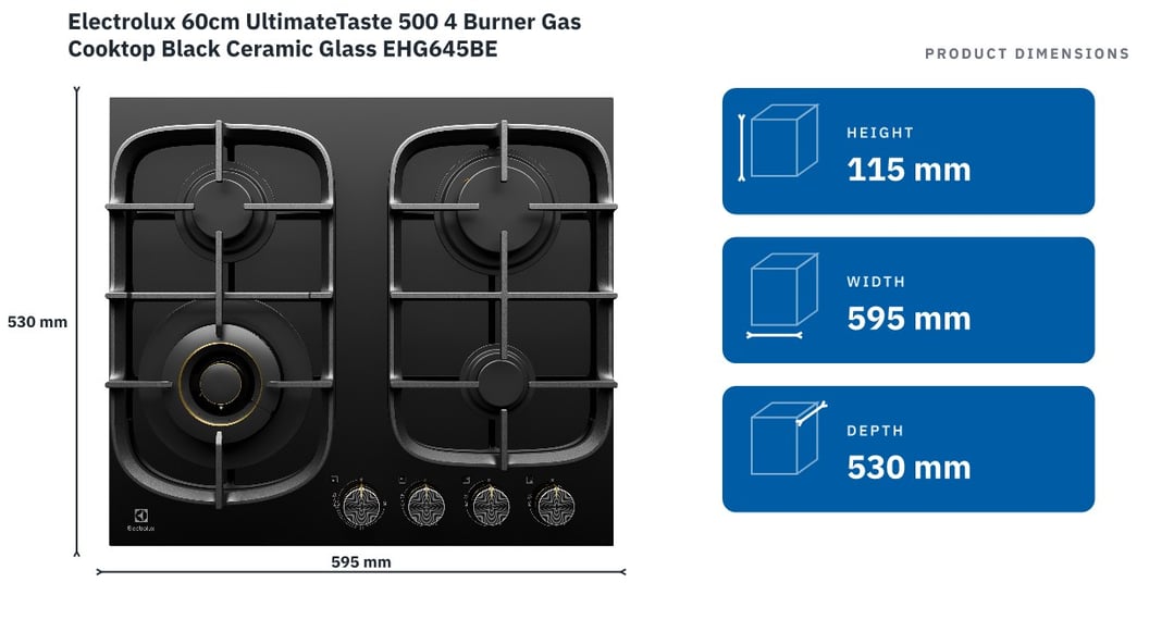 Electrolux 60cm UltimateTaste 500 4 Burner Gas Cooktop Black Ceramic Glass EHG645BE