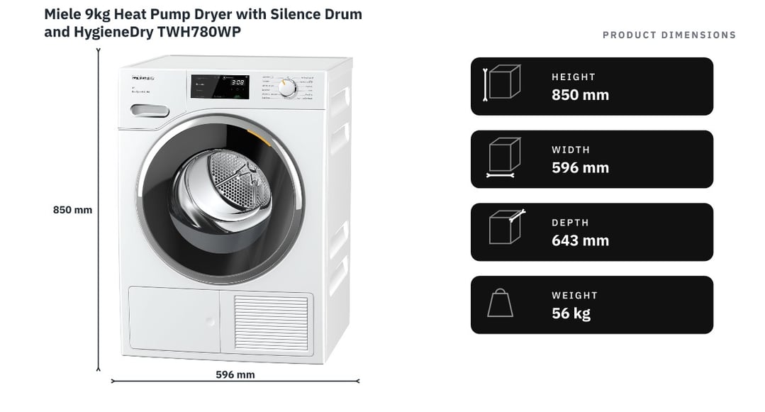 Miele 9kg Heat Pump Dryer with Silence Drum and HygieneDry TWH780WP — product dimensions