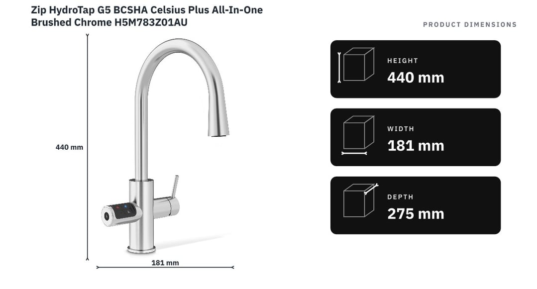 Zip HydroTap G5 BCSHA Celsius Plus All-In-One Brushed Chrome H5M783Z01AU — product dimensions
