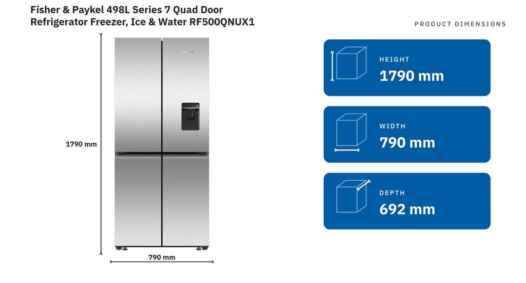 Fisher & Paykel 498L Series 7 Quad Door Refrigerator Freezer, Ice & Water RF500QNUX1