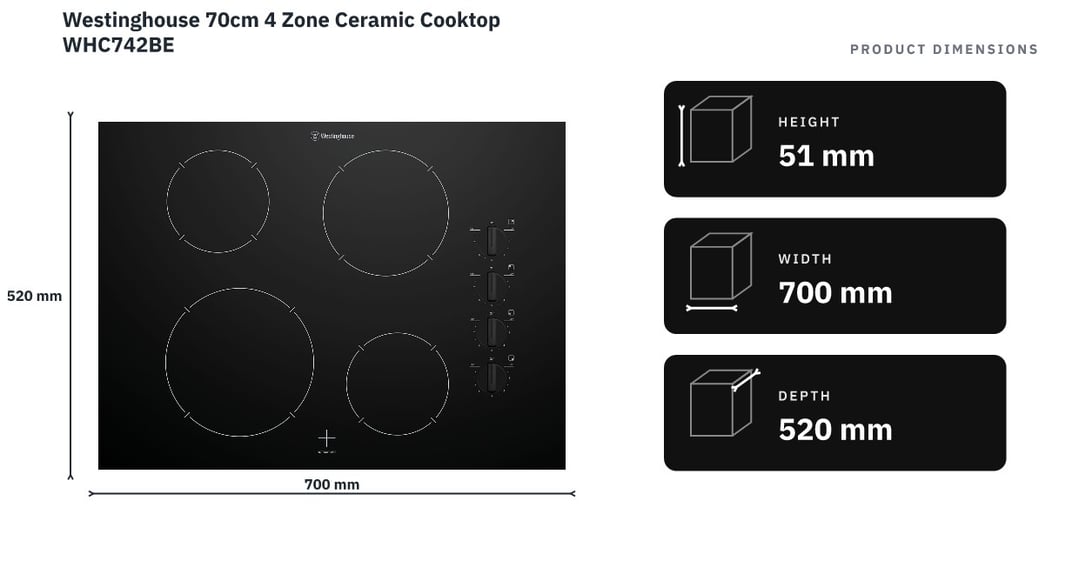 Westinghouse 70cm 4 Zone Ceramic Cooktop WHC742BE — product dimensions
