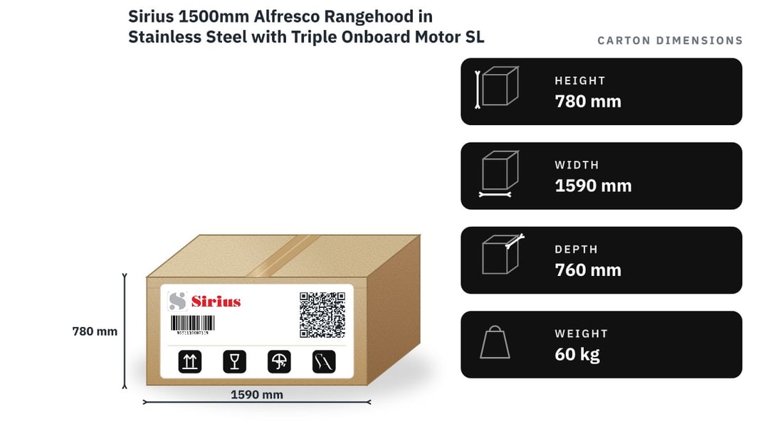 Sirius 1500mm Alfresco Rangehood in Stainless Steel with Triple Onboard Motor SL83BBQ150ELM — packaged dimensions
