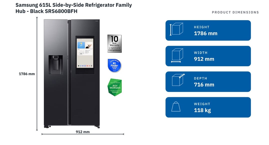 Samsung 615L Side-by-Side Refrigerator Family Hub - Black SRS6800BFH