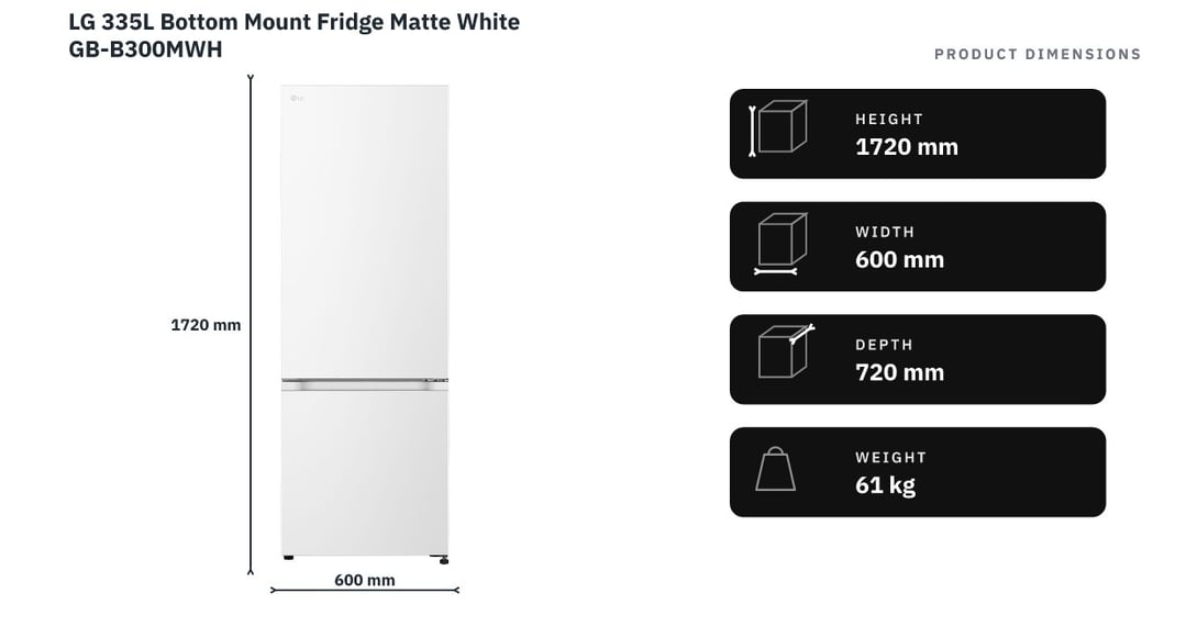 LG 335L Bottom Mount Fridge Matte White GB-B300MWH — product dimensions