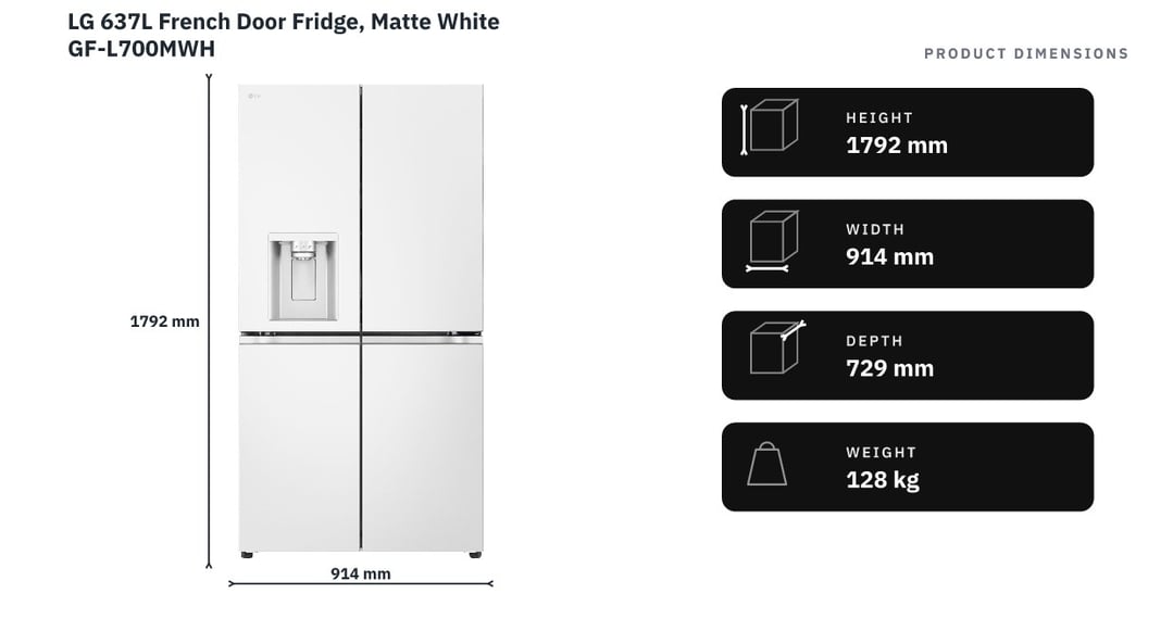 LG 637L French Door Fridge, Matte White GF-L700MWH — product dimensions