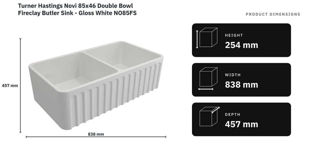 Turner Hastings Novi 85x46 Double Bowl Fireclay Butler Sink - Gloss White NO85FS — product dimensions